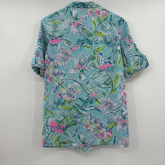 Lily Pulitzer Dress Youth Girl XL Blue Tropical Roll Tab Sleeves V Neck Collared - Picture 5 of 11